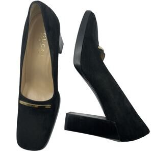 GUCCI Size 6.5 Vintage Suede High Heels Black Square Toe Chunky Block Heel Y2K